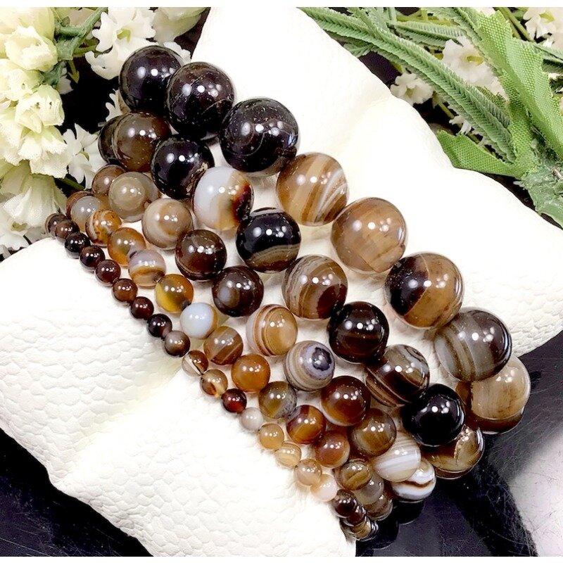 Bracelet en perles d'agate à rayures brunes, bracelet en agate commandé à la main, protection de guérison, apaisant, équilibrage, 4mm, 6mm, 8mm, 10mm, 12mm