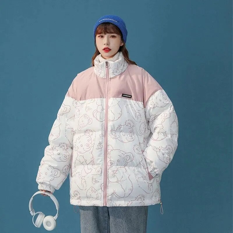 Пуховик женский из хлопка, Осень-зима 2023, новая модная свободная универсальная Повседневная куртка с подкладкой, женские толстые парки с принтом маленького медведя
