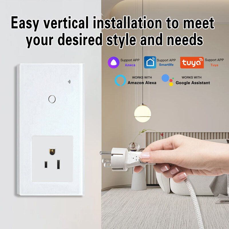 US Type Socket With Smart Wifi Touch Switch Glass Panel Sensor Button Work With Google Home Tuya Alexa Voice Control interruptor