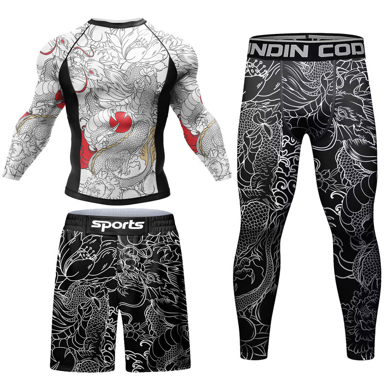 Setelan pakaian balutan motif naga untuk pria, setelan pendek pakaian Kickboxing Cody Lundin kaus kompresi Spats Thai MMA