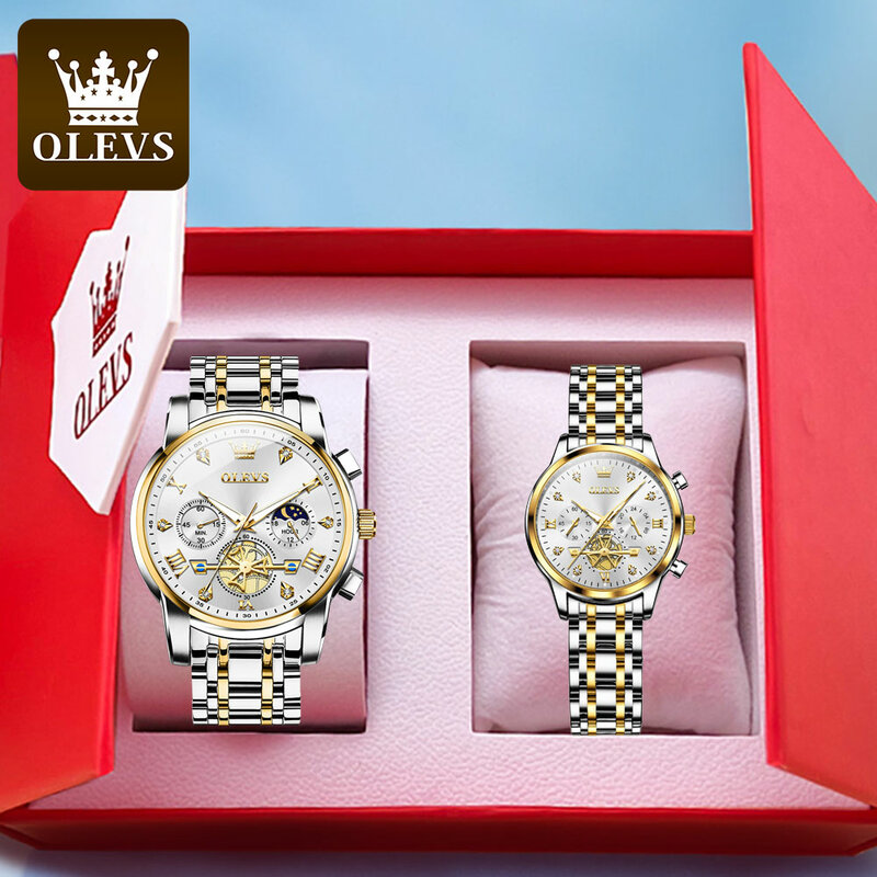 OLEVS jam tangan pasangan, jam tangan kuarsa trendi asli untuk pria dan wanita, jam tangan modis tahan air Fase Bulan