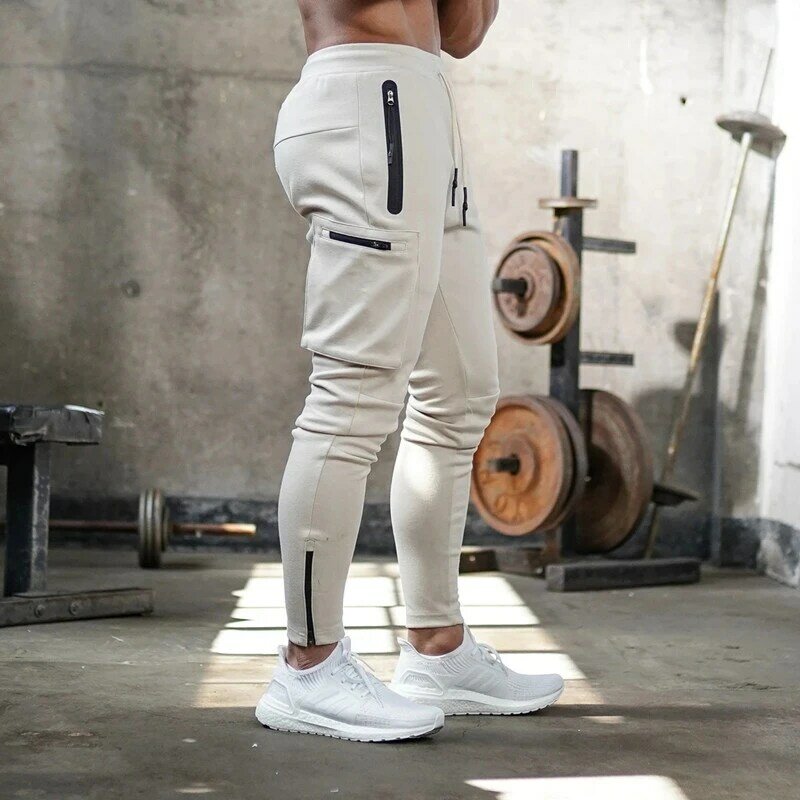 Cotton casual men's overalls Multi-functional fashion fitness workout pants zipper pocket men's pants