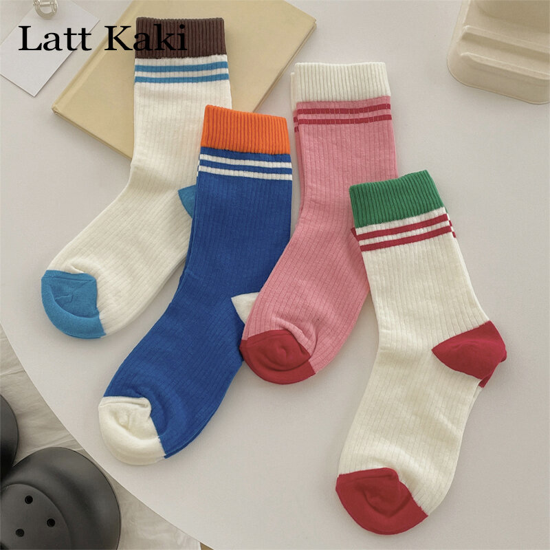 4 Pairs Socks For Women Retro Mixed-Color Fashion Girls Striped Socks Breathable Casual Cotton Lady Sport Socks Set Simple Trend