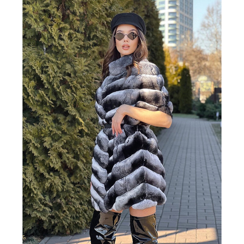 Natural Rex Rabbit Fur Jackets Women's Fur Jacket Real Rabbit Fur Coat With Stand Collar Mid-Length Outerwear
