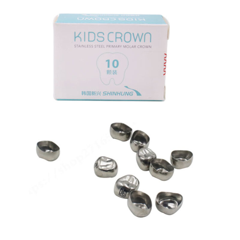 Coroas de aço inoxidável molar primário para crianças, Anteriores pediátricos, Coroa posterior, inferior esquerda e direita, 10 PCs/Box, Dental Kids