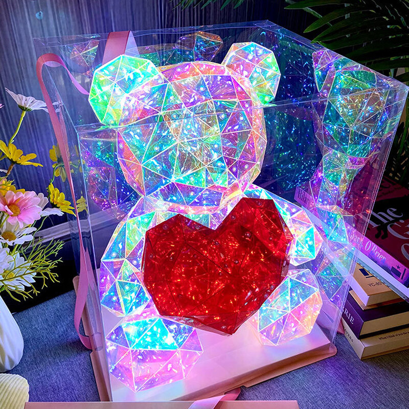 Urso Te-Ddy luminoso infantil, luz artificial LED, iridescente colorido, presente romântico para menina, aniversário surpresa e dia dos namorados
