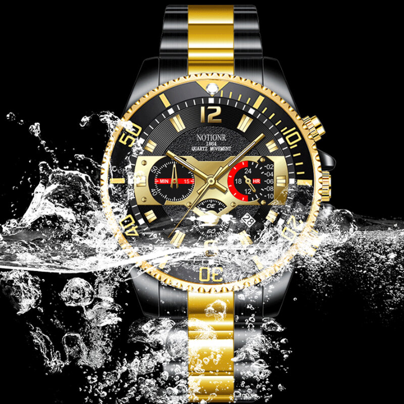 Relógio de pulso de quartzo impermeável de aço inoxidável masculino, relógios de ouro preto, relógio de luxo Top Brand