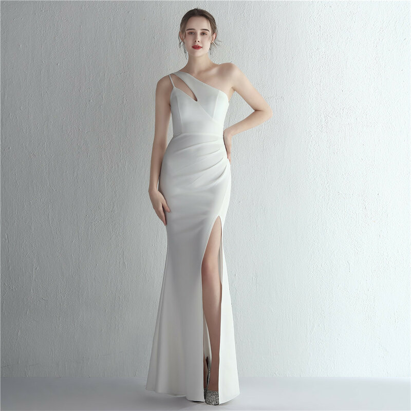 New Slim One-Shoulder Long Dress Solid Color Waist Ladies Dinner Temperament Is Thin Fishtail Skirt Dress Women's