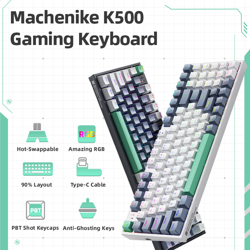 Machenike-K500 Teclado mecânico com fio, Hot Swappable, 94 teclas, luz RGB, Mac, Windows