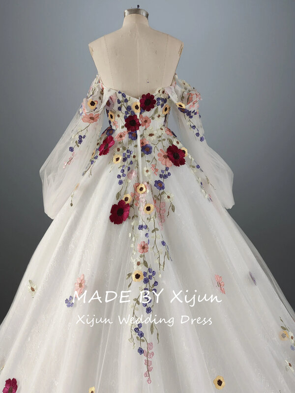 Xijun-おとぎ話のチュールのプリンセスのウェディングドレス、ピンハートチュール、花のアップリケ、長いプロムのドレス、花嫁のパーティーのガウン