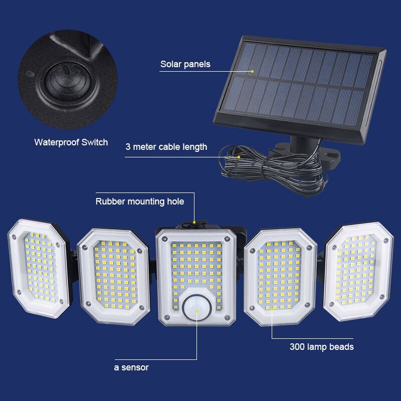 Lampu Dinding Sensor, 3mode tipe terpisah lampu dinding tenaga surya 300 LED sudut lebar 270 ° kendali jarak jauh untuk halaman taman Carport