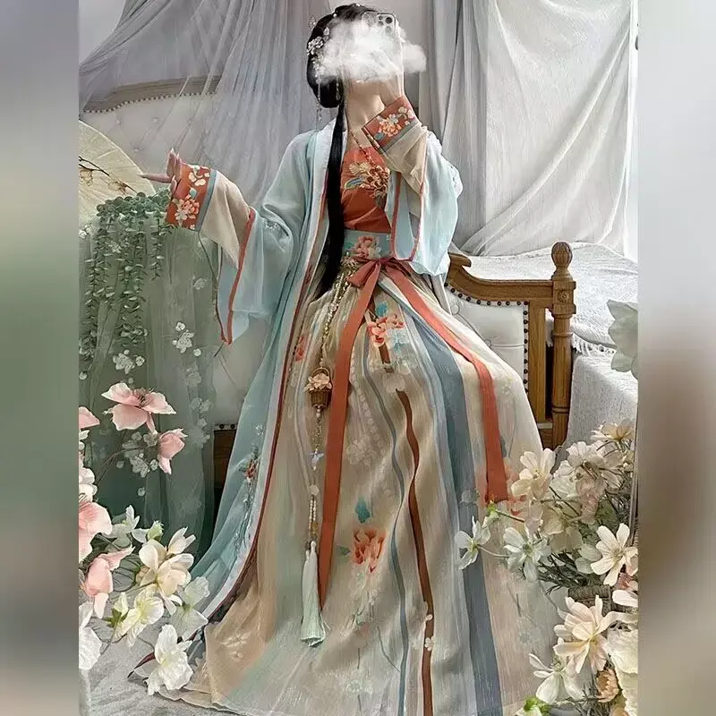Vestido bordado tradicional chinês hanfu feminino, fantasia de cosplay de fadas, bege e azul, conjuntos antigos, plus size, xl