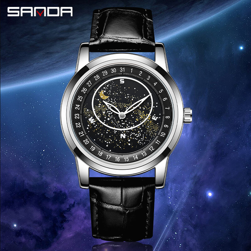 Sanda-reloj de cuarzo luminoso para hombre, cronógrafo de lujo con esfera de cielo estrellado, correa de cuero genuino, resistente al agua, 2023