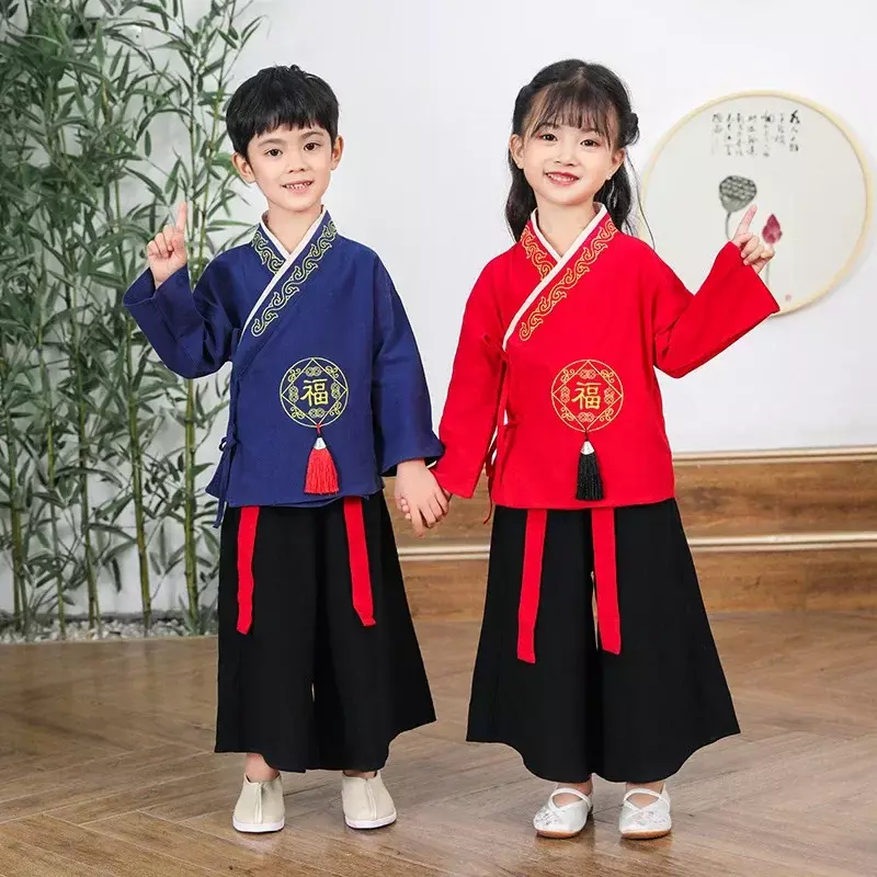 ชุดเด็กหญิงเด็กชายฮันฟูสำหรับเด็กชุดจีนโบราณชุดเต้นรำพื้นบ้านการแสดงบนเวทีชุดปีใหม่ชุดจีนเด็ก