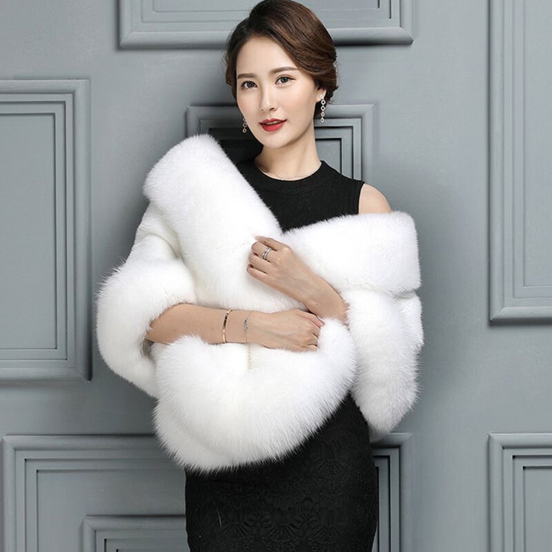Syal bulu wanita, selendang bulu wanita warna Solid longgar tebal hangat mantel Cheongsam pernikahan putih Mink kerah bulu leher V musim dingin Chic pendek
