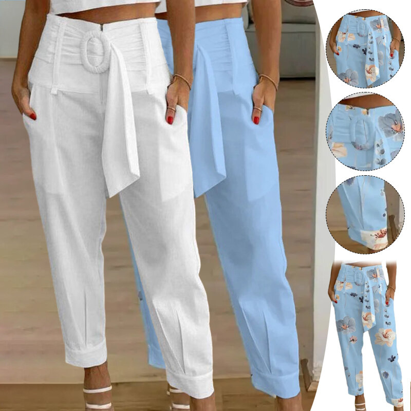 Spodnie damskie wiosna lato nowe casualowe proste spodnie kieszonkowe z wysokim stanem modne jednokolorowe/drukowane biurowe spodnie haremowe