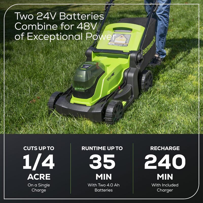 Greenworks-ブラシレスプッシュローンモア、デュアルポートラピッド充電器、48v、2x24v、2x24v、2つのバッテリーが含まれています