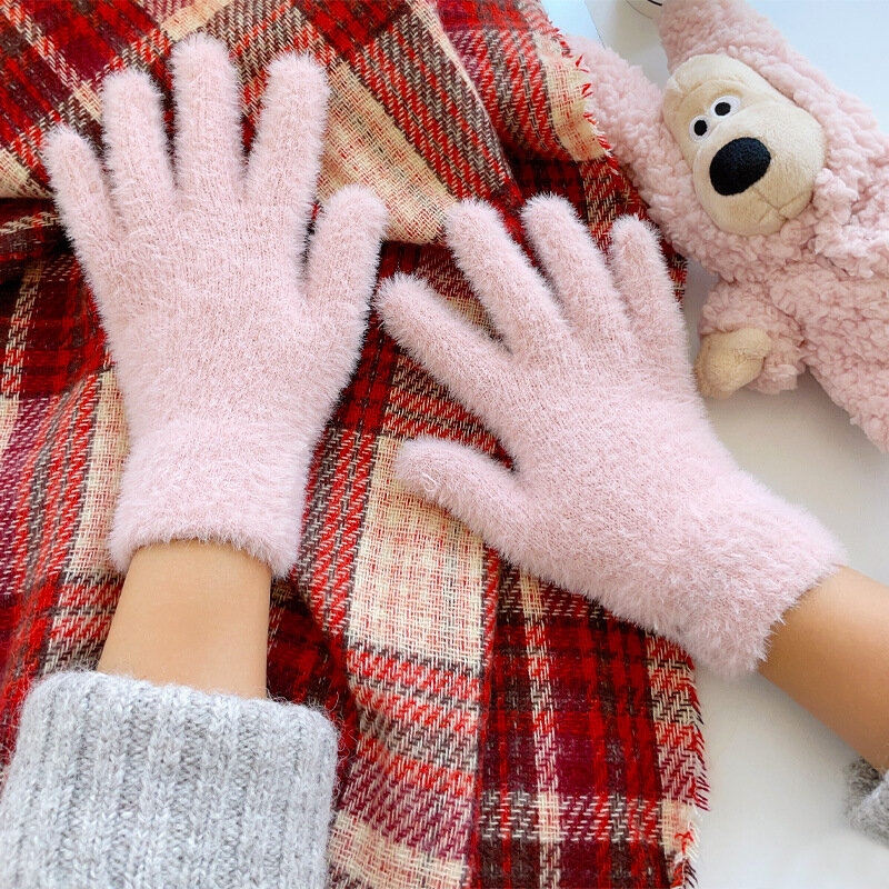 Sarung tangan lima jari Mink beludru musim dingin Fashion sarung tangan tahan dingin hangat mewah sarung tangan wanita bersepeda luar ruangan sarung tangan warna Solid