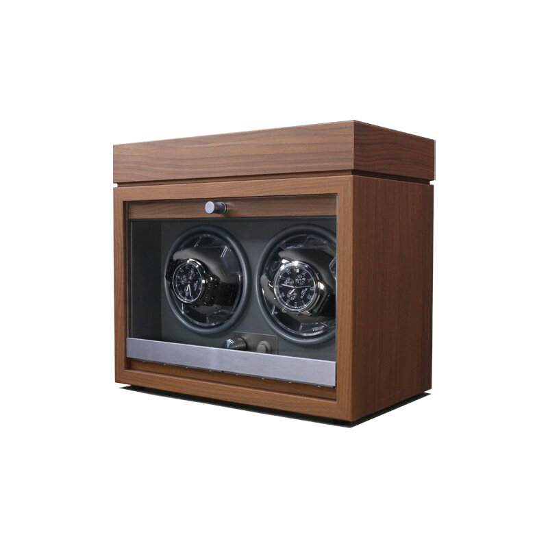 Automatic Watch Winder Black Walnut Wooden Upright 2 Epitopes Blue Light Multi-Functional Desktop Storage Open Cover Stop
