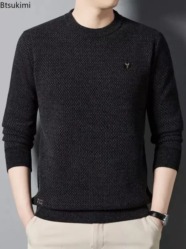 2024 Men's Thick Warm Sweater Autumn Winter Round Neck Casual Sweater Pullovers Tops Solid Plush Thickened Sweater Men Clothes