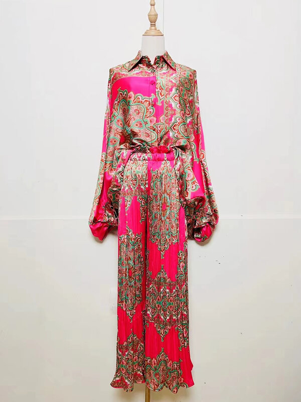 Женский винтажный комплект из двух предметов, свободная рубашка с отложным воротником и принтом, плиссированные широкие брюки с поясом на резинке, весна 2024