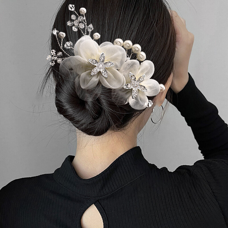 Chiffon Flower Rhinestones Pente de cabelo para mulheres, cocar nupcial, pinos de cabelo, festa de casamento, acessórios para cabelo, 2024