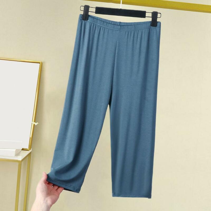 Celana panjang crop untuk wanita, celana panjang warna polos kaki lebar bersirkulasi, celana panjang pinggang elastis warna polos untuk wanita