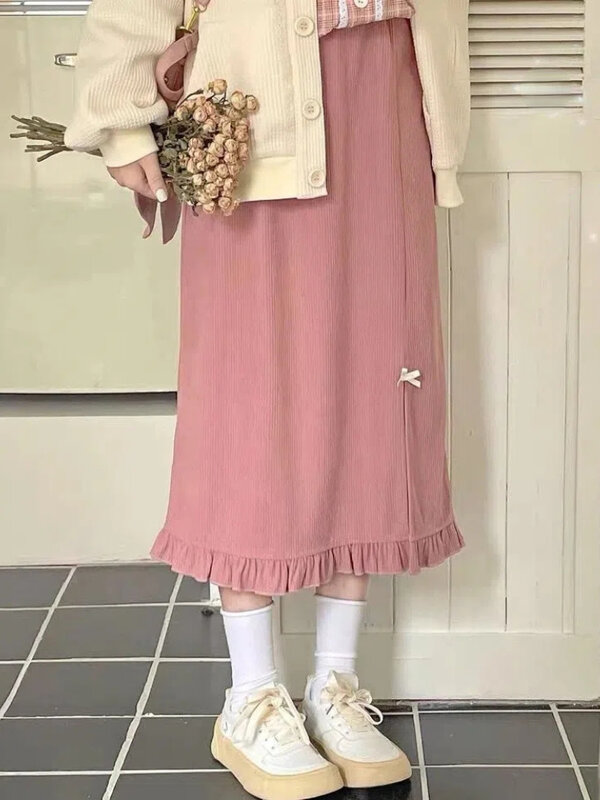HOUZHOU Kawaii gonna lunga in velluto a coste rosa donna moda giapponese carino a vita alta con fiocco diviso gonna Midi dritta per ragazze autunno