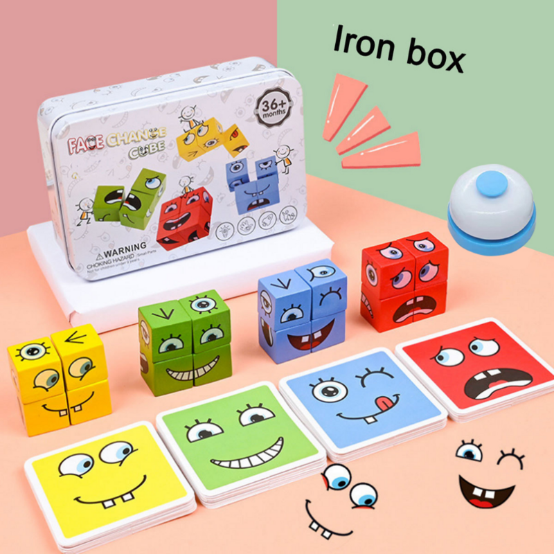 Kubus wajah berubah blok bangunan papan permainan kayu Puzzle montesori ekspresi blok kayu Blocos untuk anak-anak hadiah mainan