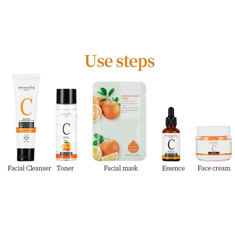 Ensembles de soins pour la peau à la vitamine C, sérum hydratant, nettoyant, crème tonique, masque facial, essence, 5 pièces par ensemble