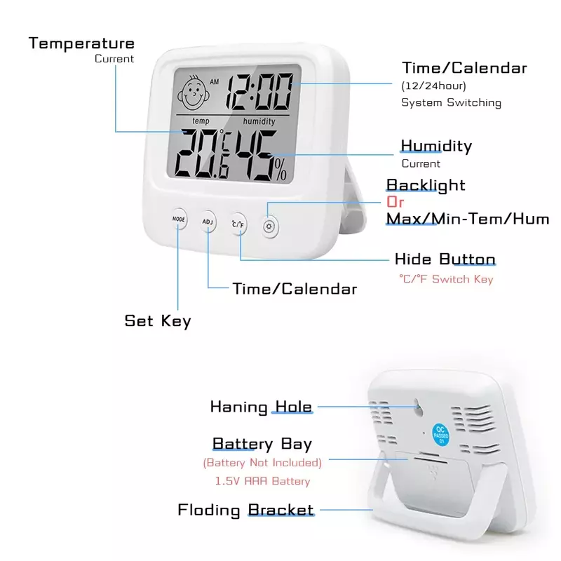 LCD อุณหภูมิความชื้นในร่มกลางแจ้งเครื่องวัดอุณหภูมิเครื่องวัดความชื้นนาฬิกาปลุกบ้านสภาพอ...