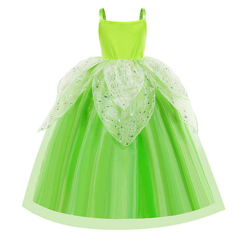 Tinker Bell Sling Dress Kids Summer Glitter Green Princess Costume Stage Performance Outfits Children Cosplay Party Elegant Gown