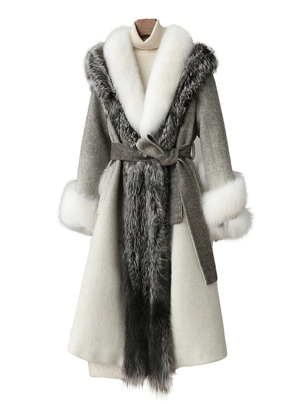 女性のためのリバーシブルウールコート,タイトフィット,キツネの毛皮の襟,白いガチョウのテキスタイル,カシミアの毛皮のコート
