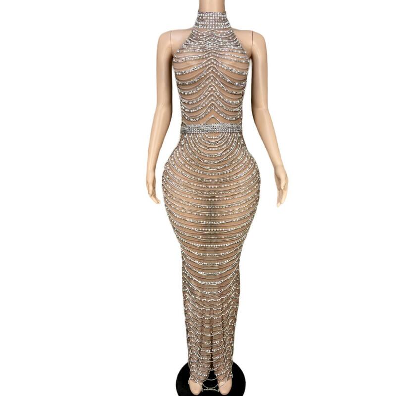 Paowuxian-vestidos de cumpleaños de lujo para niña, vestidos largos transparentes con cristales pesados, brillantes, plateados, negros, sin espalda, 2024