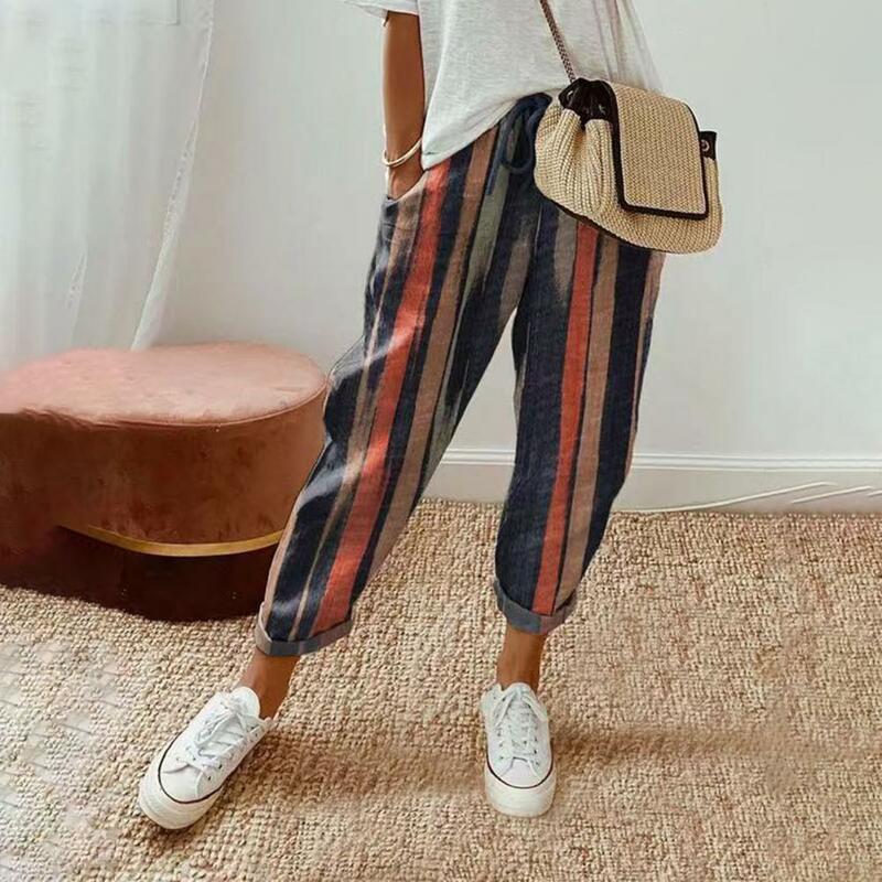 Loose Pants Striped Flower Print Pants with Elastic Waist Pockets Loose Fit Retro Trousers for Women Long Streetwear Bottoms