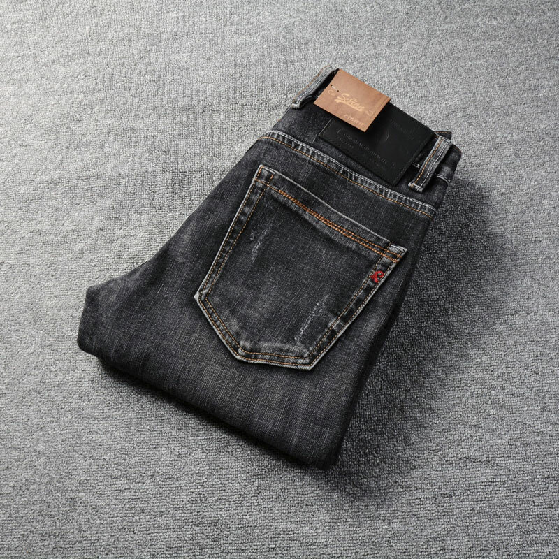 Italian Style Fashion Men Jeans High Quality Retro Black Gray Elastic Slim Fit Ripped Jeans Men Vintage Designer Denim Pants