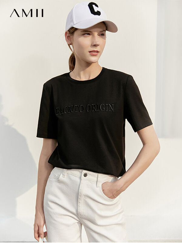 Amii magliette estive minimaliste donna lettera ricamo moda Casual T-shirt manica corta top cotone abbigliamento femminile 12240349