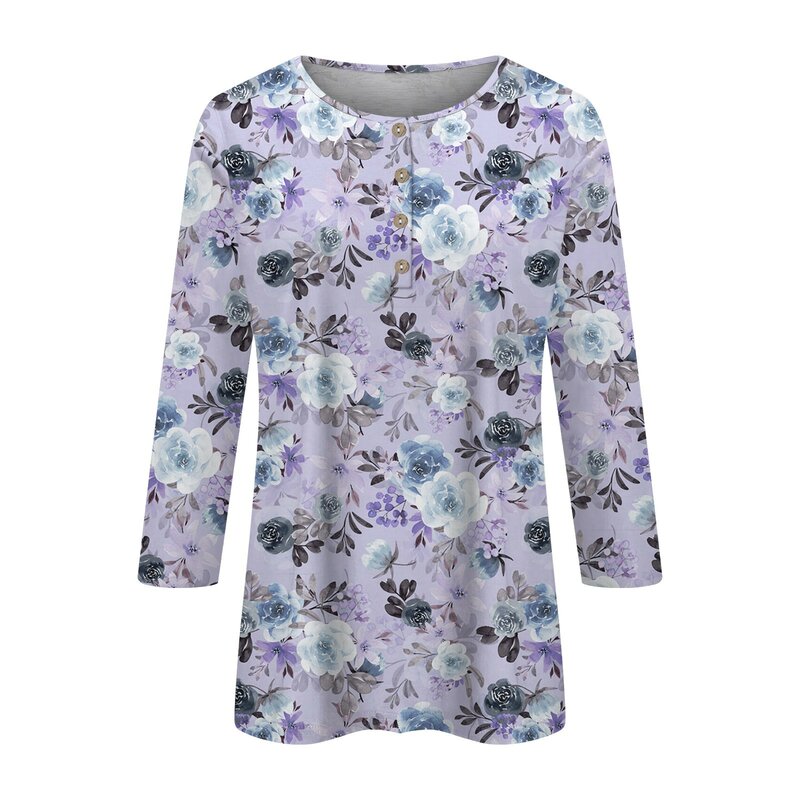 女性のカジュアルなベーシックトップ,3/4スリーブシャツ,かわいい花柄のプリントブラウス,韓国のグラフィック,人気の服,プラス