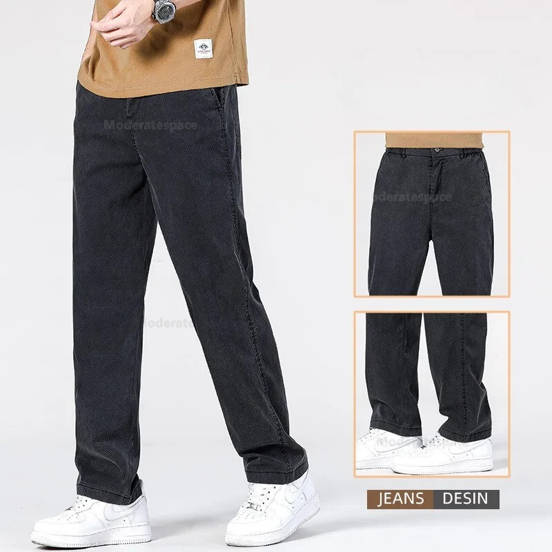 Jeans longgar celana panjang Denim pria, celana panjang kasual lurus kain Lyocell tipis klasik, pakaian musim panas biru kopi