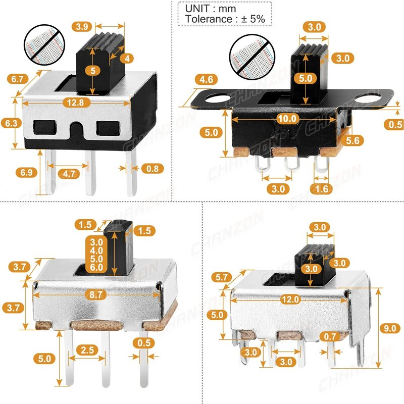 3mm 4mm 5mm 6mm Micro Slide Switch Spdt 3Pin 5 Positions ss12f15 ss12f44 1p2t Small Toggle Mount Terminal Contact for Arduino