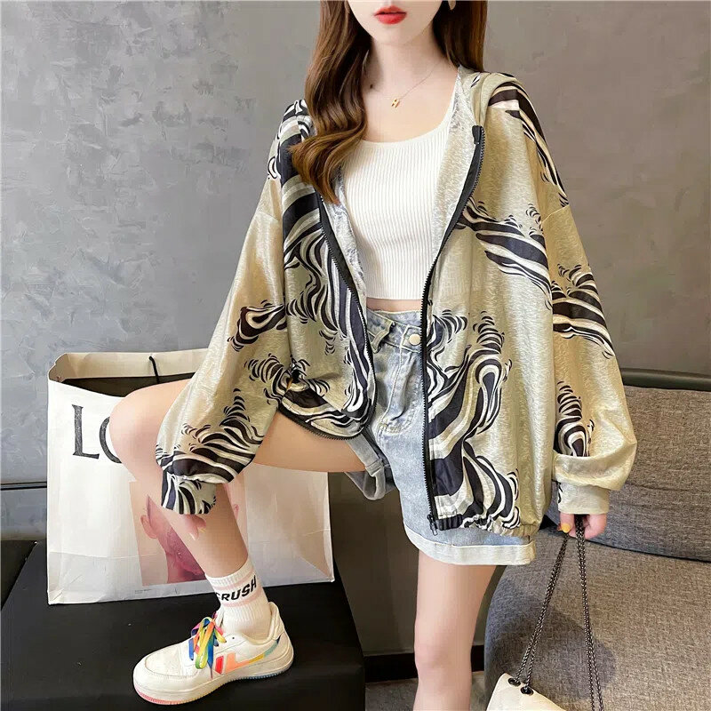 Silk Hooded Sunscreen Clothing Jacket Women Summer Loose Breathable Thin Jackets Sun-Protective Coat Fashion Printing Outwear