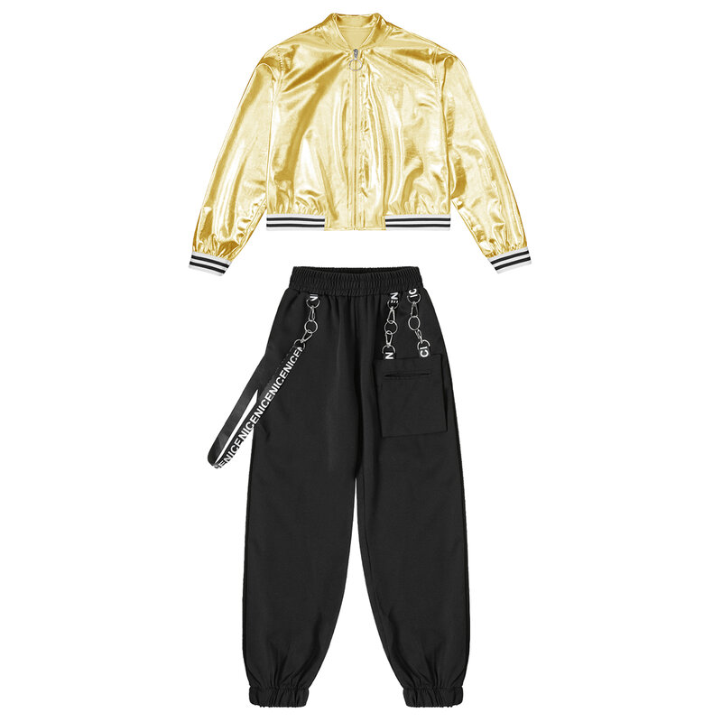 Kids Girls Hip Hop Jazz Dance Top Jacket Metallic Long Sleeve Stand Collar Zipper Bronzing Cloth Outerwear Street Dance Wear New