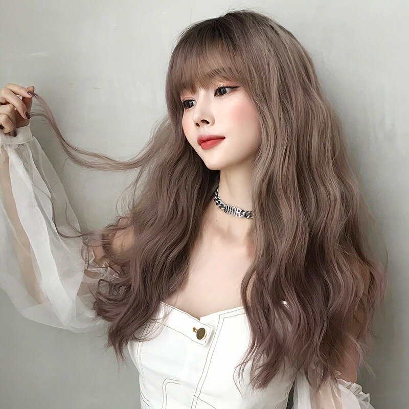 Parrucche sintetiche marrone chiaro marrone scuro riccio taglio lungo con frangia parrucca per le donne bianche coreano festa quotidiana Cosplay capelli resistenti