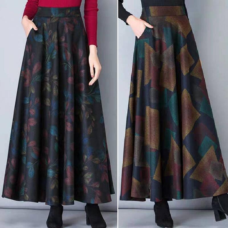 Thick  Stylish High Waist Loose Leaves Print Skirt Warm Elegant Skirt Temperament   Female Clothing