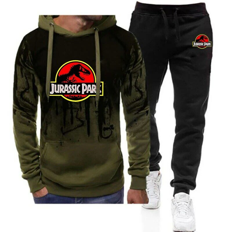 2023 baru pria Jurassic Park Fashion Gradient warna hoodie kasual nyaman katun Harajuku Tracksuit atasan Sweatpants setelan