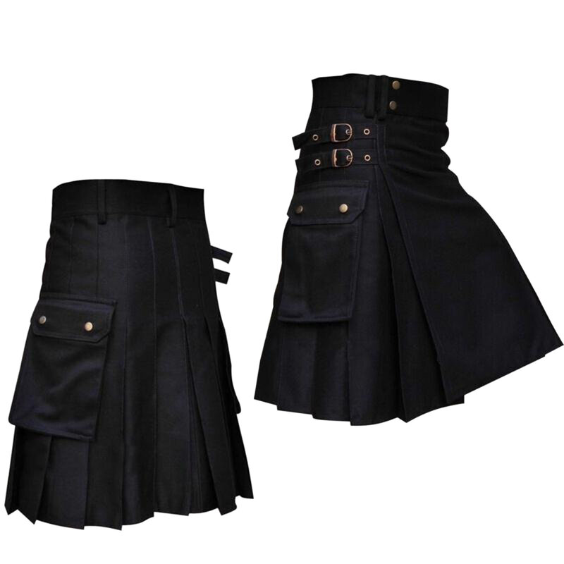 Jects Style Jupes décontractées kilts à poches cool pour hommes, kilt gothique noir solide, kilt cargo vintage, jupe plissée à ceinture métallique