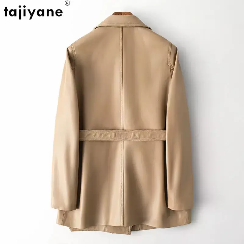 Fujiyane jaket kulit asli untuk wanita, jaket kulit domba asli elegan setengah panjang, pakaian luar ramping renda