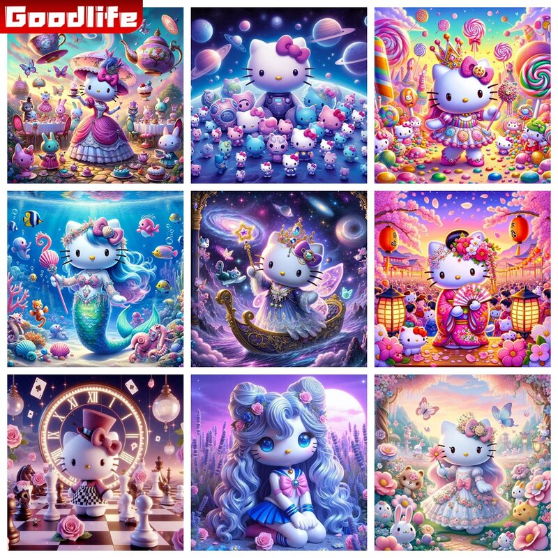 Pintura de diamantes de princesa Hello Kitty 5D DIY, bordado de Sanrio, mosaico de dibujos animados lindo, punto de cruz, diamantes de imitación, decoración del hogar, regalo para niños