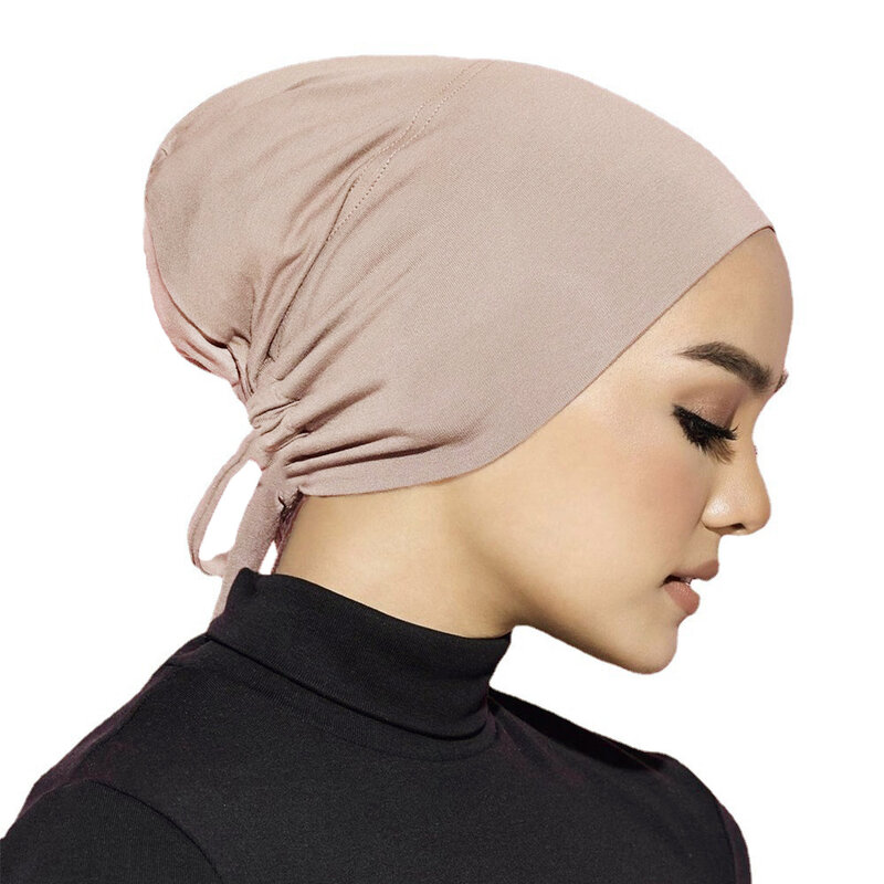 여성용 단색 실크 코튼 보넷, 탄성 타이 하단 모자, 조절 가능한 드로스트링, 머리 스카프, 이슬람 기도 모자, 머리 천, 터번