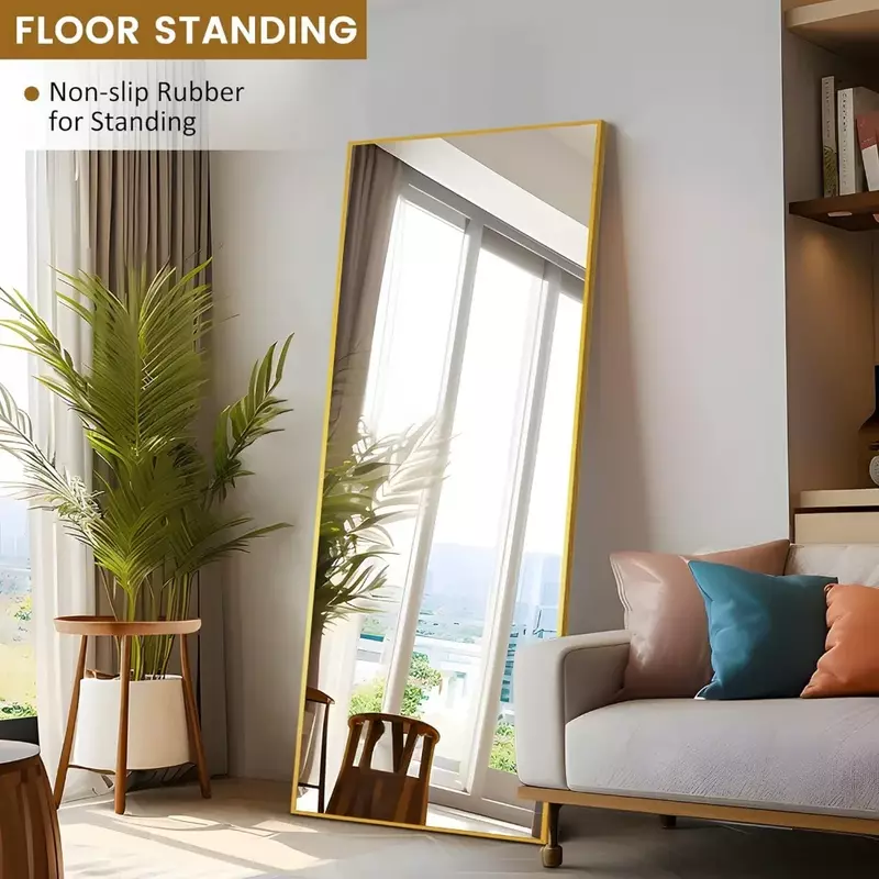 Full Body Mirror Full Length Gold Aluminum Alloy Stand Wall Hanging Mirrors for Wall Bedroom Bathroom Living Room
